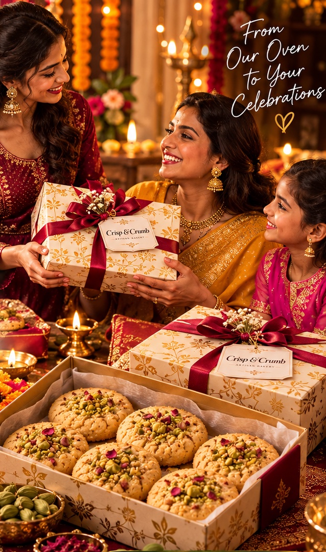 Family exchanging Crisp & Crumb festive gift boxes beside a box of pistachio-topped cardamom cookies